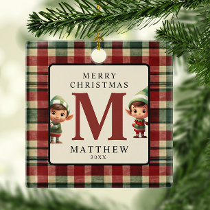Ornement En Céramique Lutin de Noël avec monogramme sur l'arbre photo