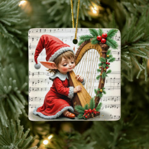 Ornement En Céramique Lutin de Noël jouant de la harpe
