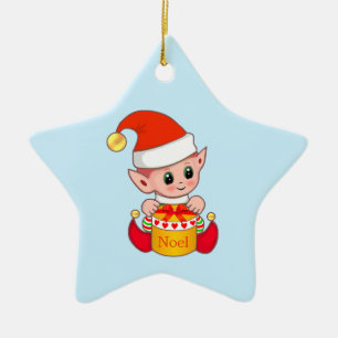 Ornement En Céramique Lutin de Noël sur fond bleu clair