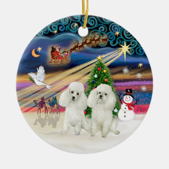 Ornement En Céramique Magie de Noël - Poodles (DEUX Jouet blanc) (Devant)