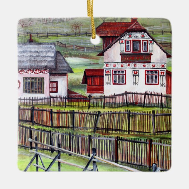 Ornement En Céramique Maison roumaine traditionnelle - Peinture aquarell (Devant)