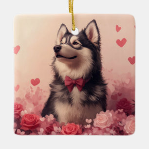 Ornement En Céramique Malamute d'Alaska avec des roses - Saint-Valentin 
