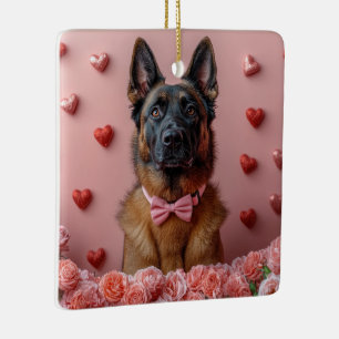 Ornement En Céramique Malinois belge avec des roses - Saint-Valentin 