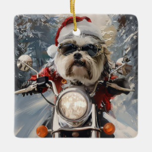 Ornement En Céramique Malti Tzu Chien équitation Moto Noël