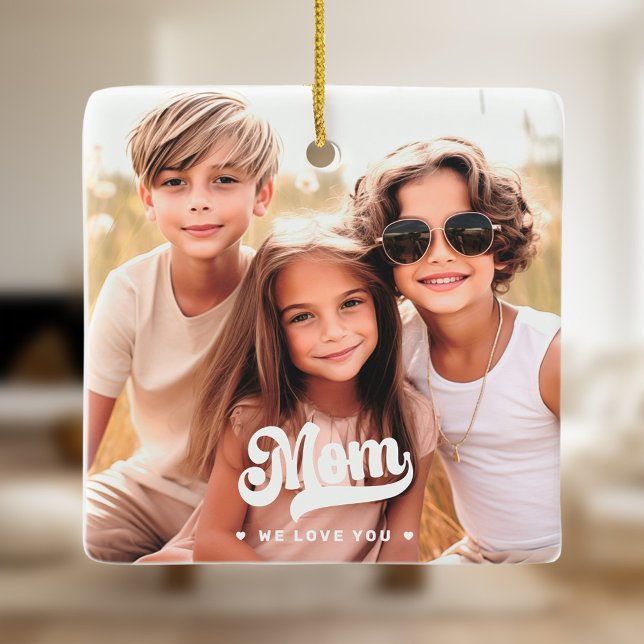 Ornement En Céramique Maman nous t'aimons coeur mères jour deux photos (Mom we love you hearts mothers day two photos ceramic ornament)
