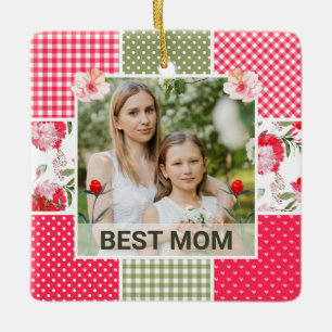 Ornement En Céramique Maman Patchwork Floral Aquarelle Rose & Vert