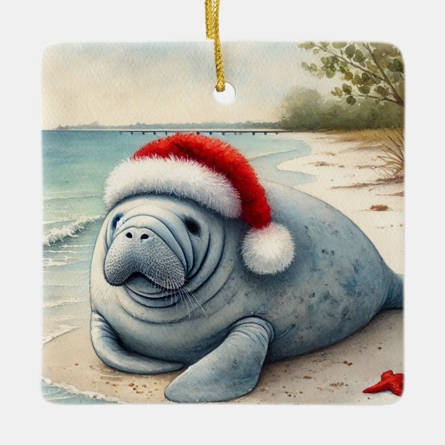 Ornement En Céramique Manat personnalisé avec chapeau de Père Noël (Devant)