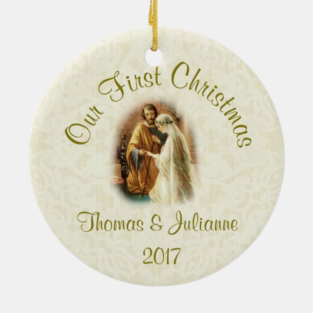 Ornement En Céramique Mariage religieux Premier Noël catholique (Dos)