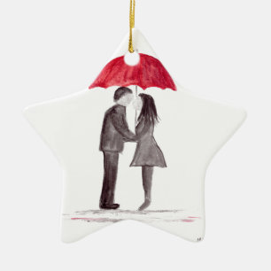 Ornement En Céramique Mariage romantique avec parapluie rouge aquarelle