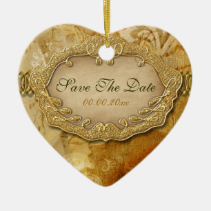 Ornement En Céramique Mariage vintage d'or de brun "faites gagner date"