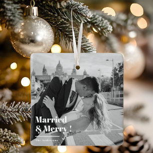 Ornement En Céramique Marié & Joyeux Élégant cadeau photo noir et blan