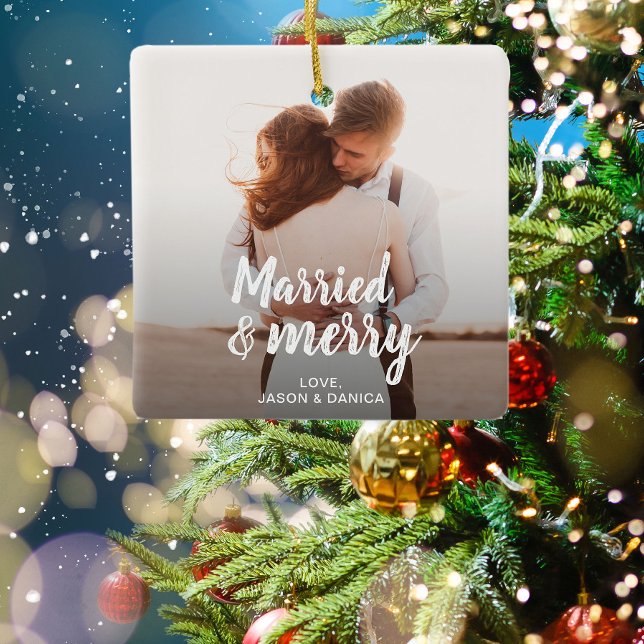 Ornement En Céramique Marié & Joyeux Mariage Merci Noël Photo (Créateur téléchargé)