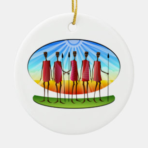 Ornement En Céramique Masaï Hommes avec Spears Kwanzaa