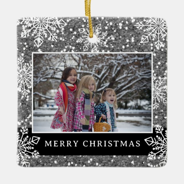 Ornement En Céramique Merry Christmas 2 Photo Silver Glitter Snowflakes (Devant)