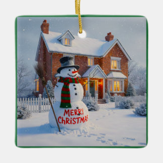 ORNEMENT EN CÉRAMIQUE MERRY CHRISTMAS BIG SNOWMAN WINTER SCENE