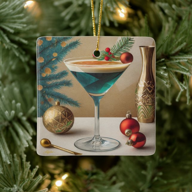 Ornement En Céramique Mi-Siècle Cocktail de Noël Fête Happy Hour (Arbre)