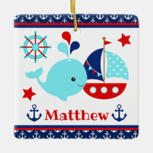 Ornement En Céramique Mignon motif baleine bleue et ancres nautiques