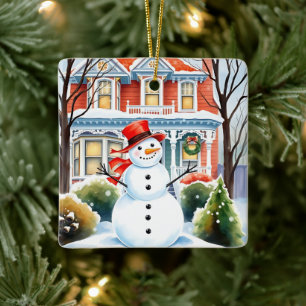 Ornement En Céramique Mignonne bonhomme de neige en banlieue Noël