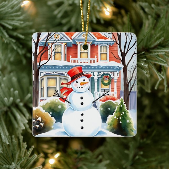 Ornement En Céramique Mignonne bonhomme de neige en banlieue Noël (Arbre)