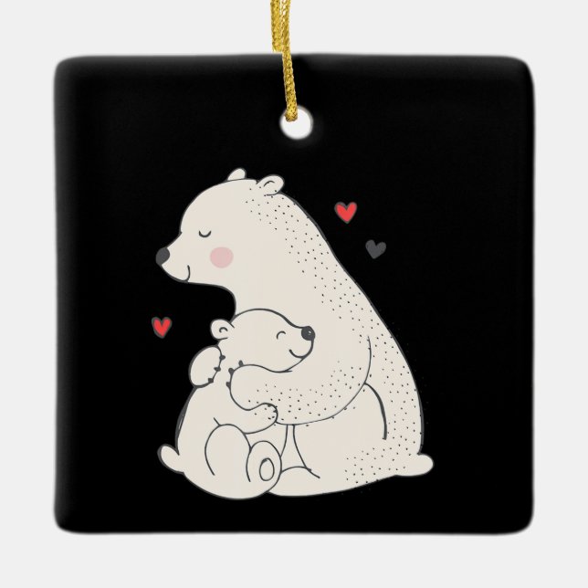 Ornement En Céramique Mignonne maman Ours Polaire Avec Bébé (Devant)
