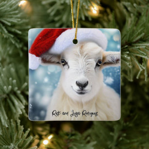 Ornement En Céramique Mignonne mouton portant rouge Casquette Noël