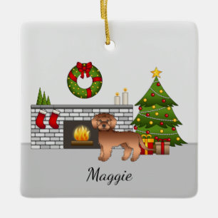 Ornement En Céramique Mini Goldendoodle Rouge - Salle de Noël festive