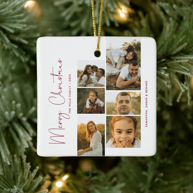 Ornement En Céramique Minimal Merry Christmas Script  Family  6 Photos (Arbre)