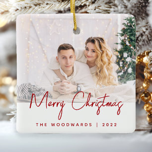 Ornement En Céramique Minimal Photo Joyeux Noël Script Rouge