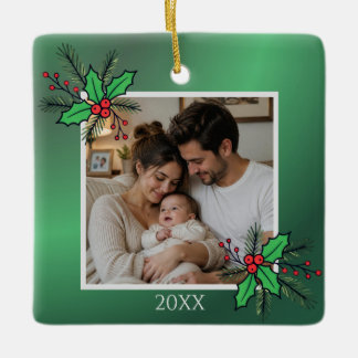 Ornement En Céramique Modern Floral Christmas Photo Frame