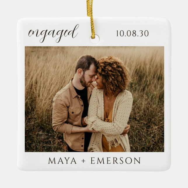 Ornement En Céramique Modern Script Rustic Engagement Photo Keepsake  (Devant)