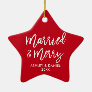 Ornement En Céramique Moderne brosse script Marié & Joyeux mariage étoil