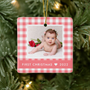 Ornement En Céramique Mon premier Buffle rose de Noël Plaid Baby Photo