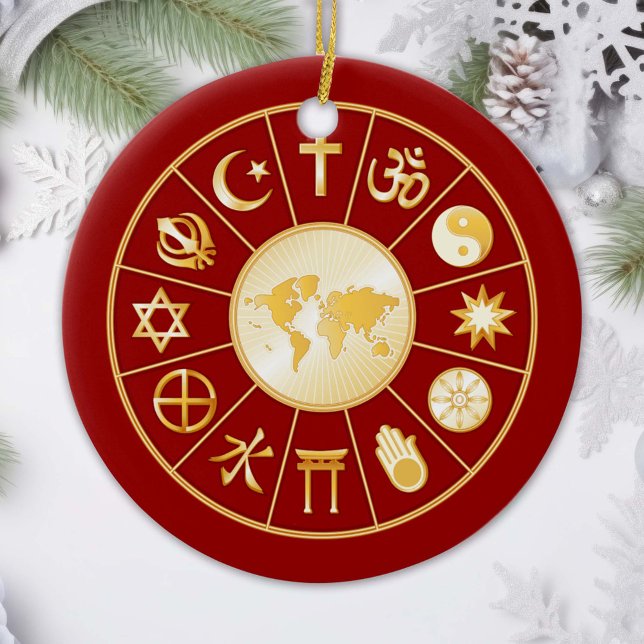 Ornement En Céramique Monde de l'ornement de la foi (Gold symbols of international religions surround a world map. )