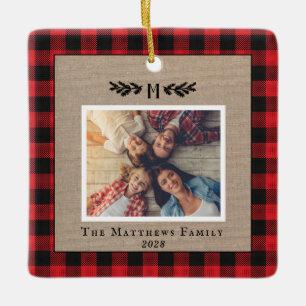 Ornement En Céramique Monogramme de Burlap Plaid de Buffalo Rouge et Noi