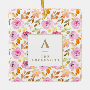 Ornement En Céramique Monogramme de famille floral aquarelle rose d'été 