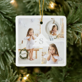 Ornement En Céramique Monogramme de Noël moderne Trois photos Collage