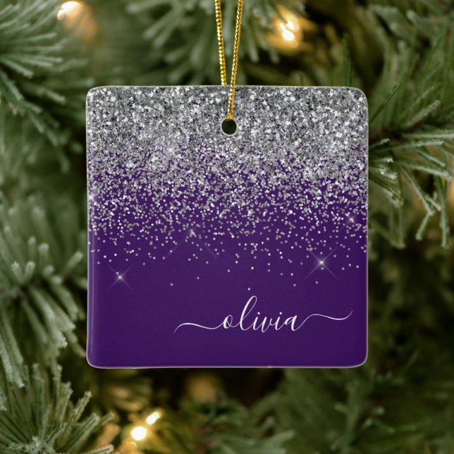 Ornement En Céramique Monogramme de Parties scintillant d'argent violet (Arbre)