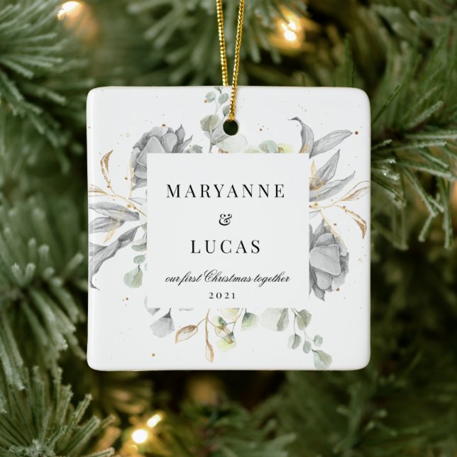 Ornement En Céramique Monogramme floral d'argent dramatique Premier Noël (Arbre)
