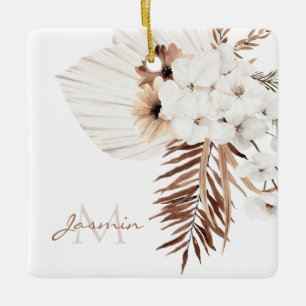 Ornement En Céramique Monogramme Floral Herbe de Pampas Bohème Rustique