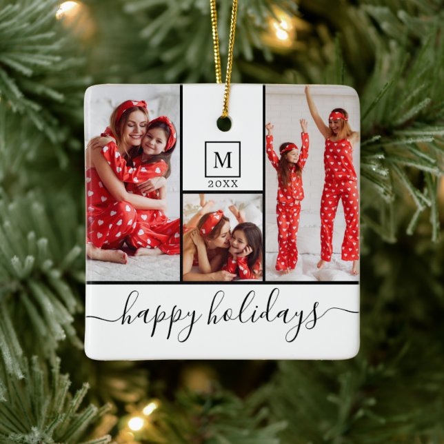 Ornement En Céramique Monogramme moderne Collage photo Happy Holiday Whi (Arbre)