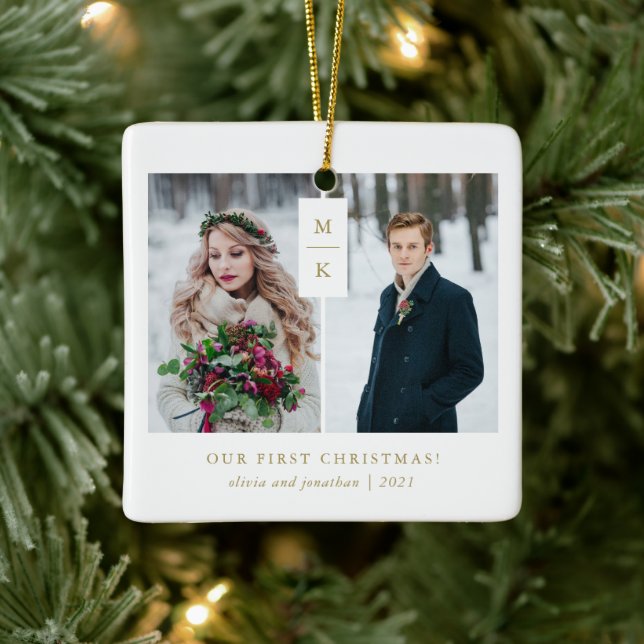 Ornement En Céramique Monogramme moderne | Notre premier Noël avec photo (Arbre)
