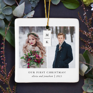 Ornement En Céramique Monogramme moderne   Notre premier Noël avec photo