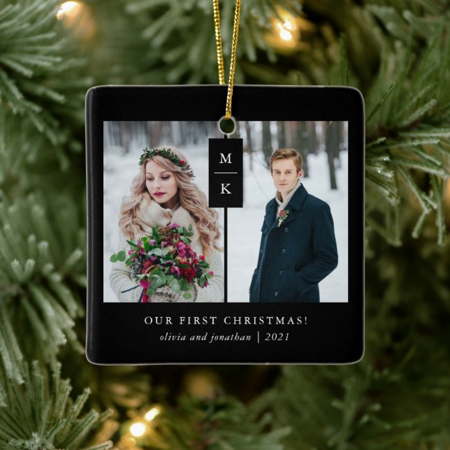 Ornement En Céramique Monogramme moderne | Notre premier Noël avec photo (Arbre)