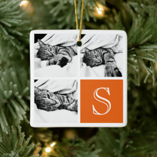Ornement En Céramique Monogramme photo Collage Instagram orange et blanc
