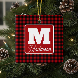 Ornement En Céramique Monogramme rouge et noir en plastique Nom Noël