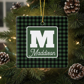 Ornement En Céramique Monogramme vert et noir en plastique Nom Noël