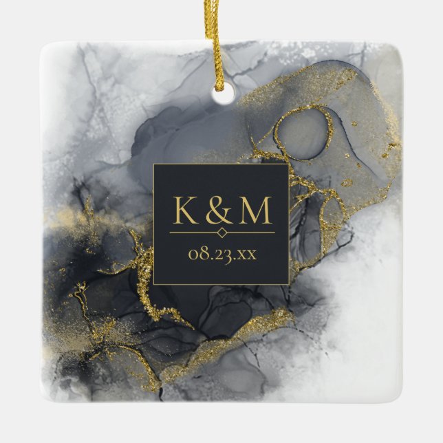 Ornement En Céramique Moody Ink Charcoal Gold Abstrait Blk ID988 (Devant)