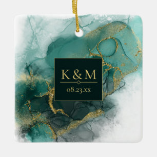 Ornement En Céramique Moody Ink Emerald Gold Abstrait Blk ID988