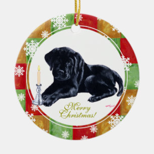 Ornement En Céramique Mosaïque des chiots noirs de Noël du Labrador