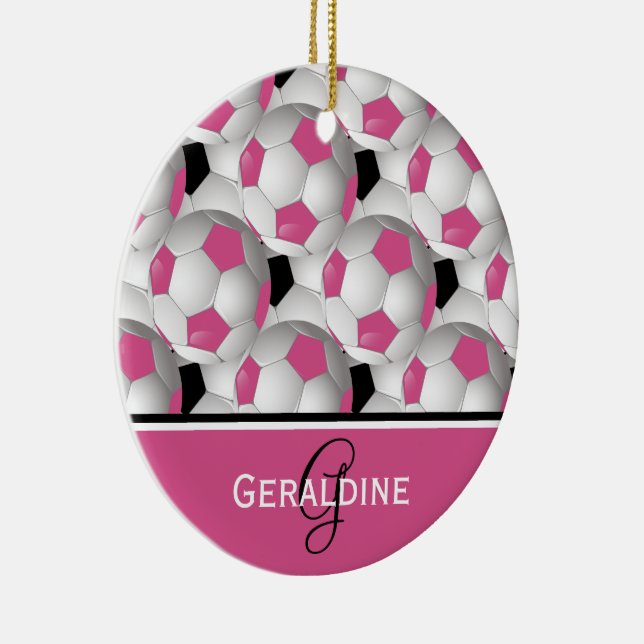 Ornement En Céramique Motif de balle de soccer rose Monogram (Droite)
